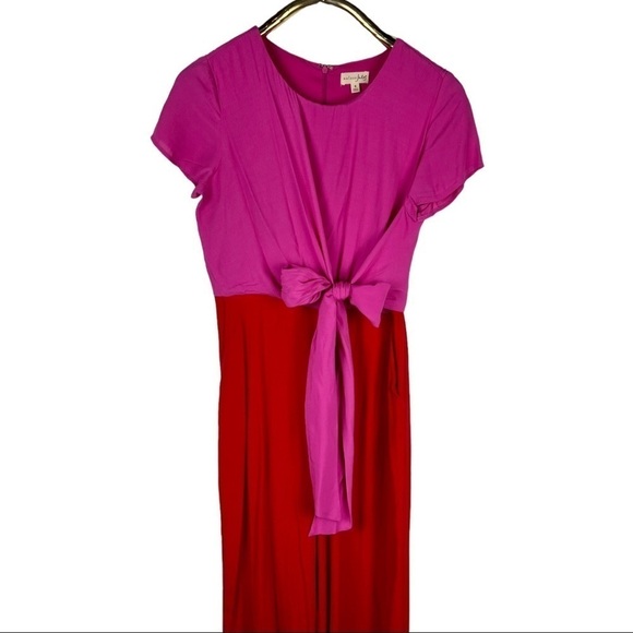 MAISON JULES COLORBLOCK PINK RED SHORT SLEEVE DRAPED TIE JUMPSUIT - Picture 4 of 16